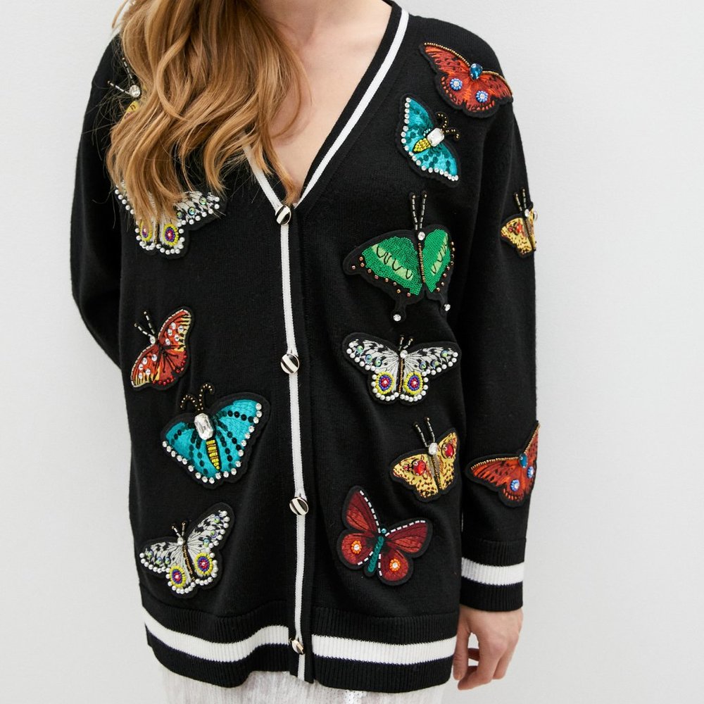 Alice + Olivia | Bradford Embellished Butterfly Wool Blend Grandpa Cardi…